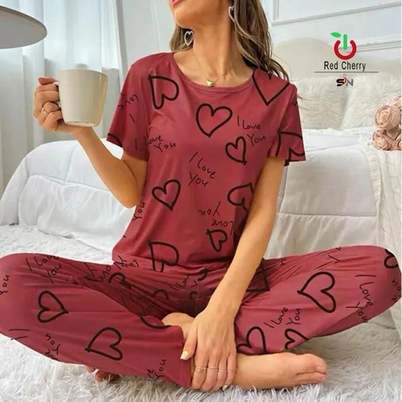 Dark Pink I Love You Printed PJ Suit