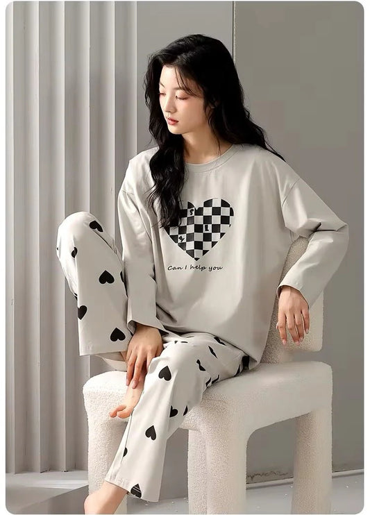 Checkered Heart Printed Full Sleeves PJ Suit