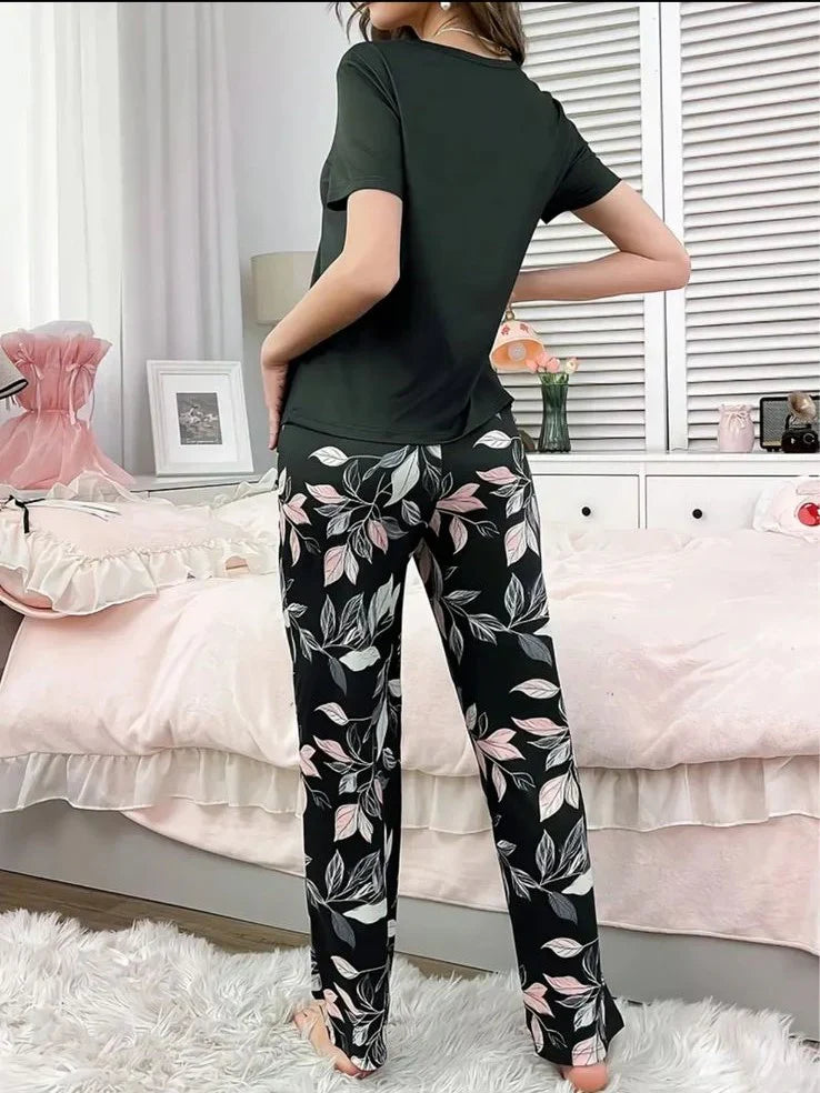 Black Good Night With Flower Printed - PJ SUIT FOR WOMEN