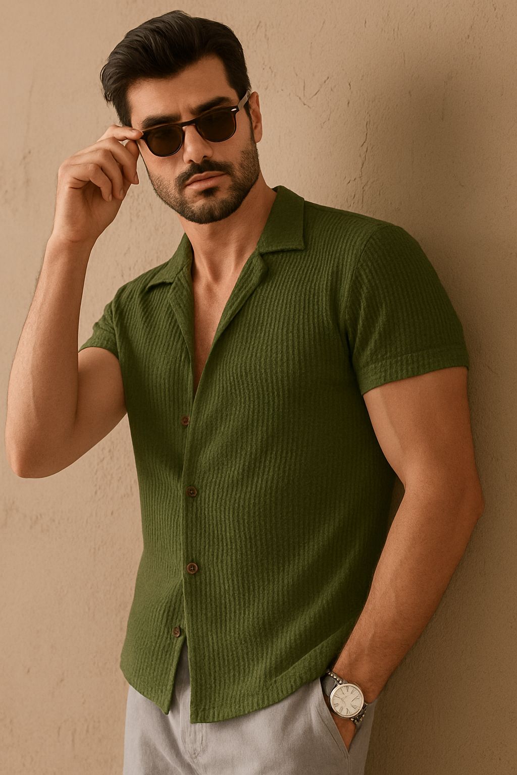 Cuban Collar Knitted Shirt - OliveGreen