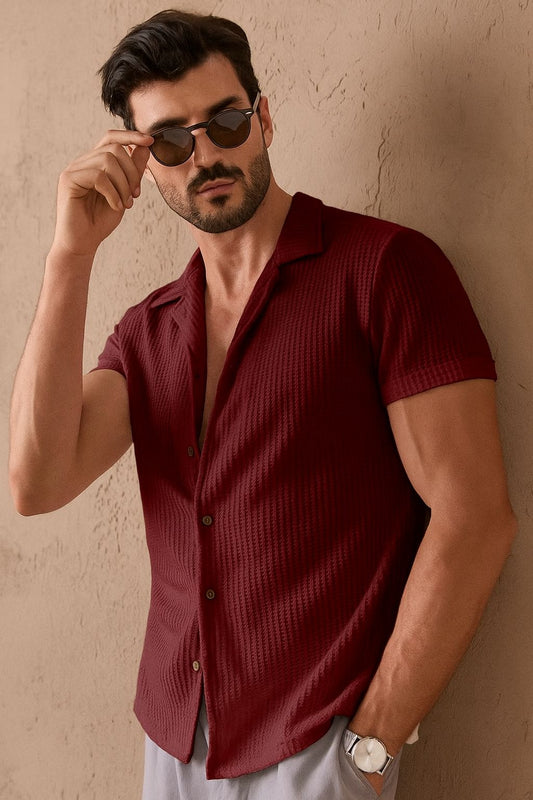 Cuban Collar Knitted Shirt - Maroon