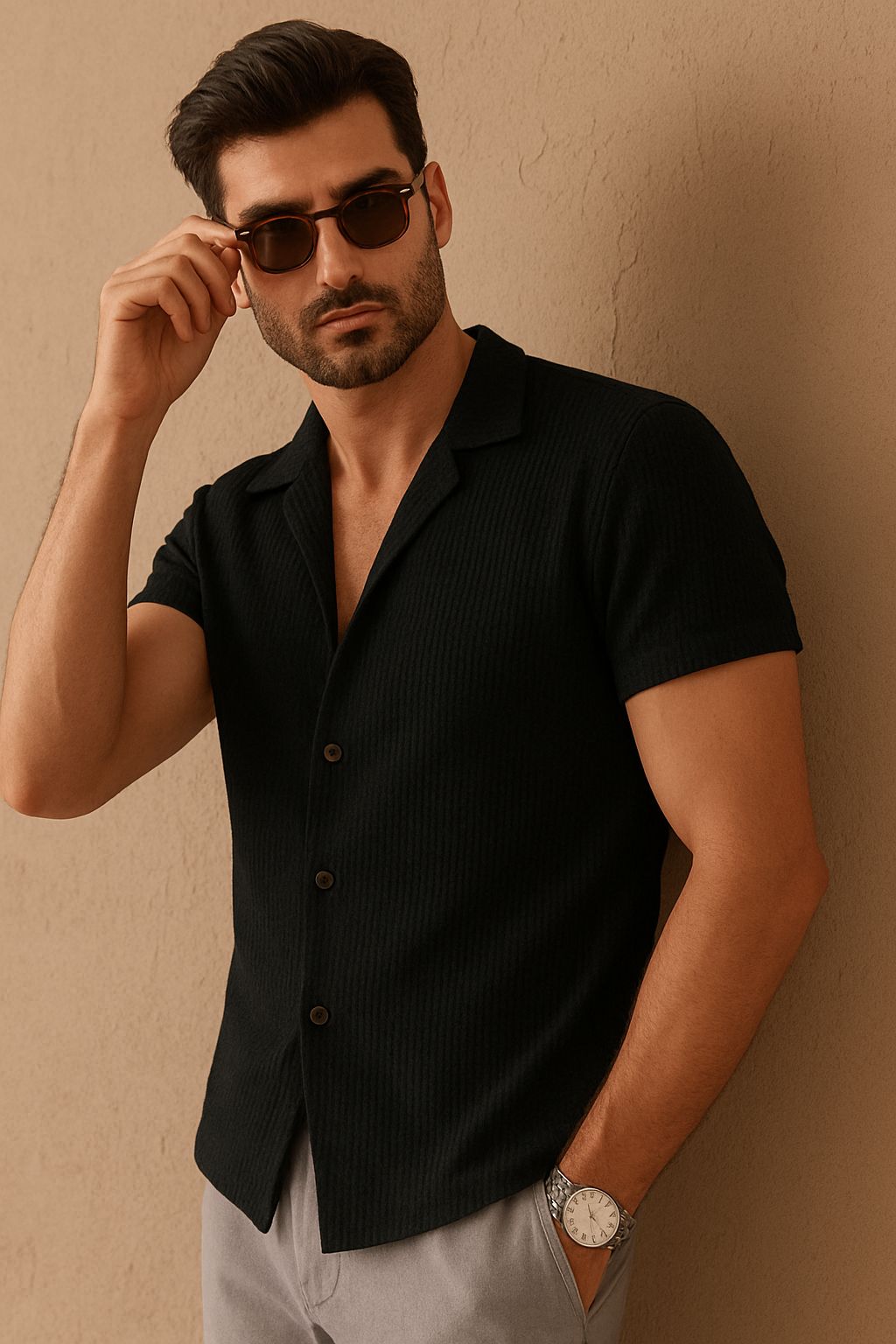 Cuban Collar Knitted Shirt - Black
