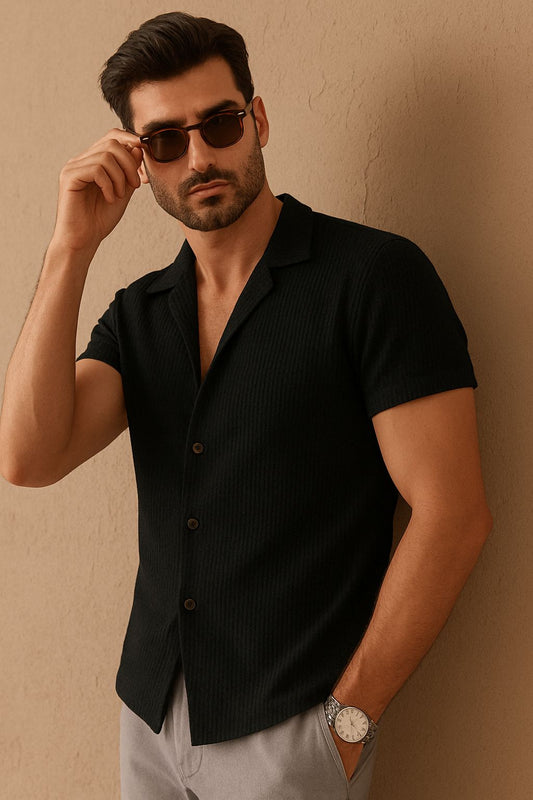 Cuban Collar Knitted Shirt - Black
