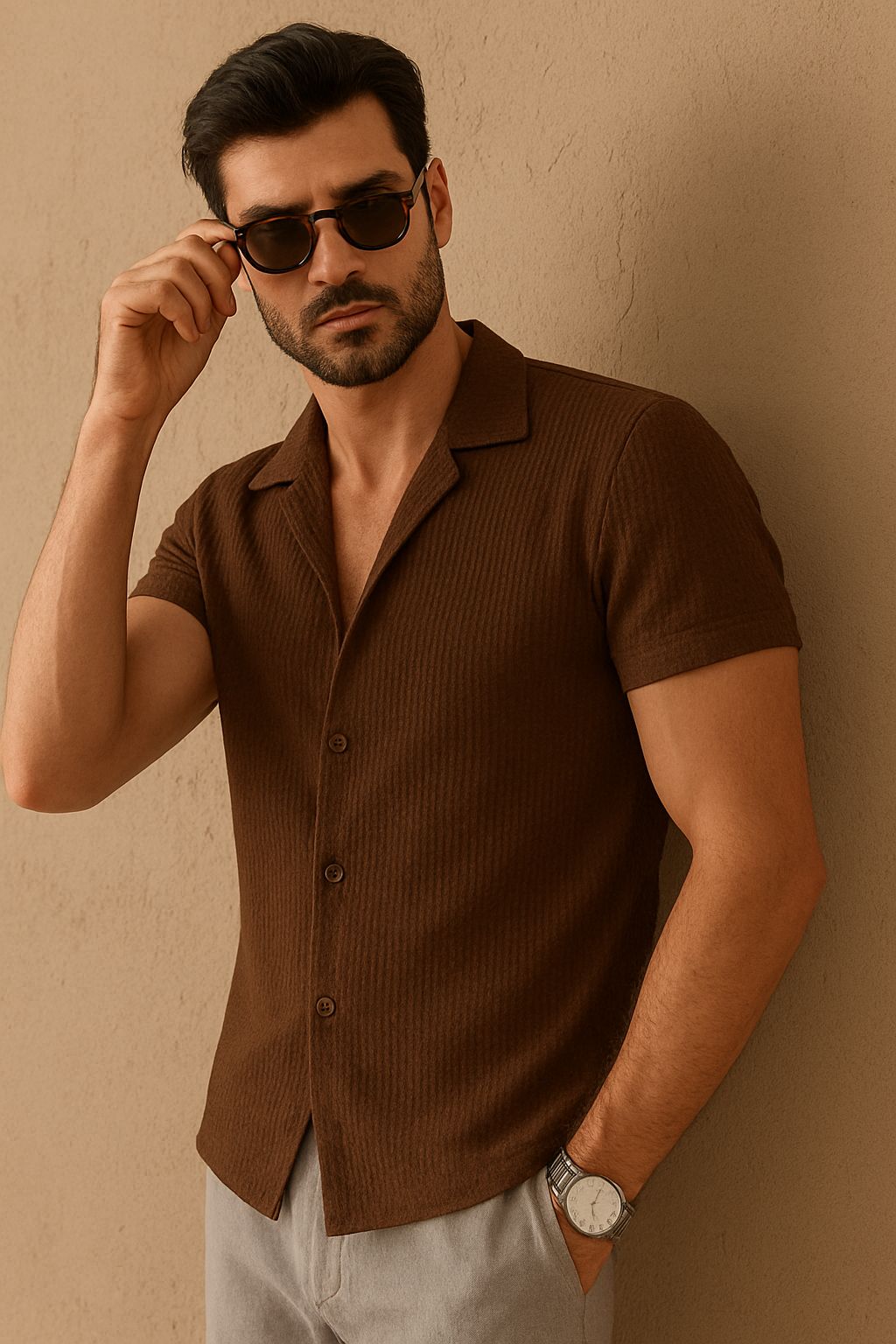 Cuban Collar Knitted Shirt - Brown
