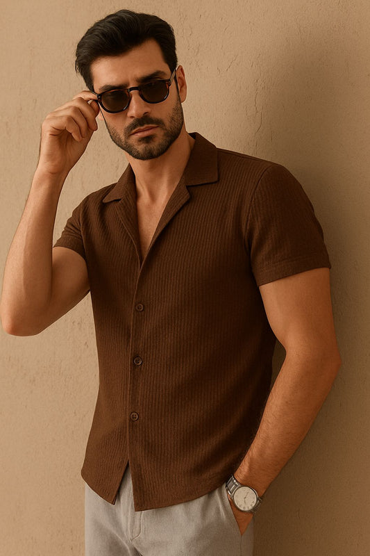 Cuban Collar Knitted Shirt - Brown