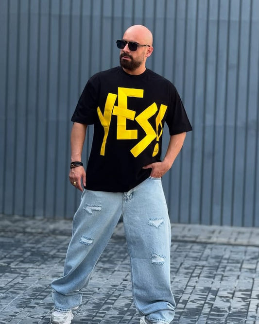 YES Printed Oversized T-Shirt - Black