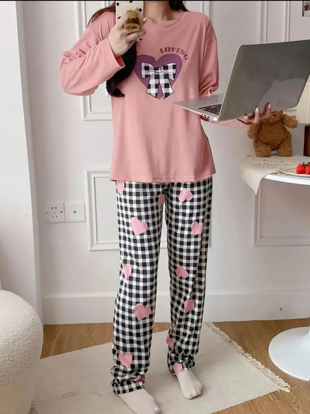 Pink Loving Heart Printed Full Sleeves - PJ SUIT FOR WOMEN