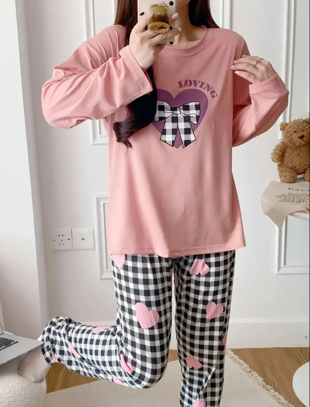 Pink Loving Heart Printed Full Sleeves - PJ SUIT FOR WOMEN
