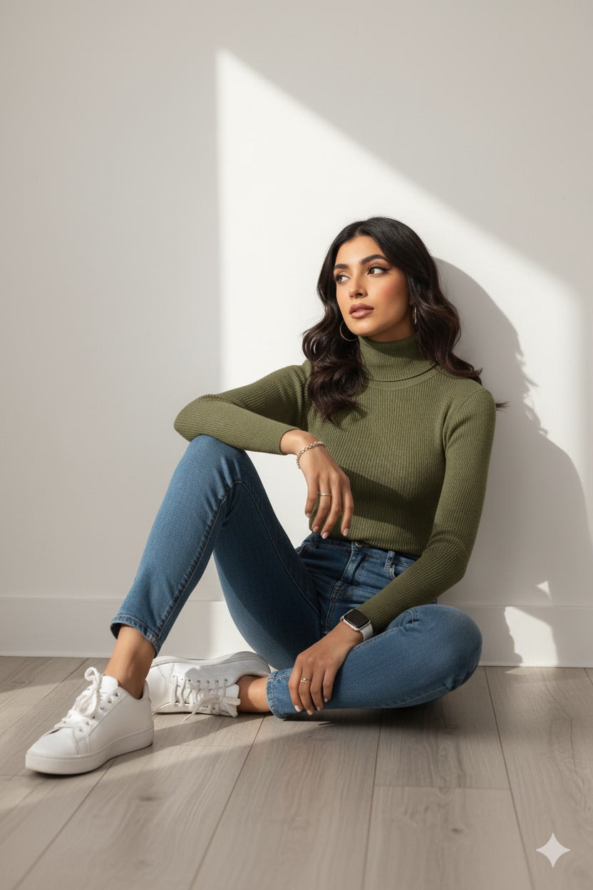 11.11 SALE : Womens High Neck - OliveGreen