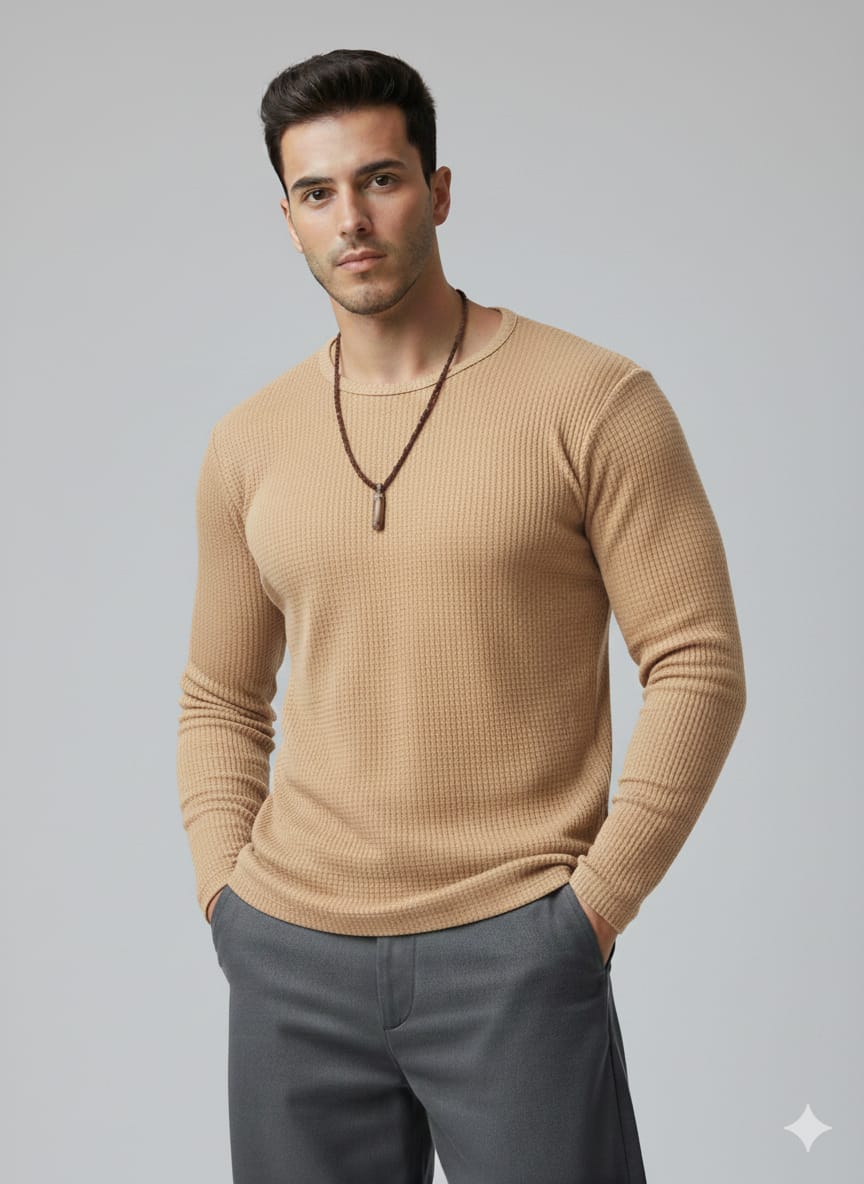Waffle knitted Textured Full Sleeves T-Shirt - Beige