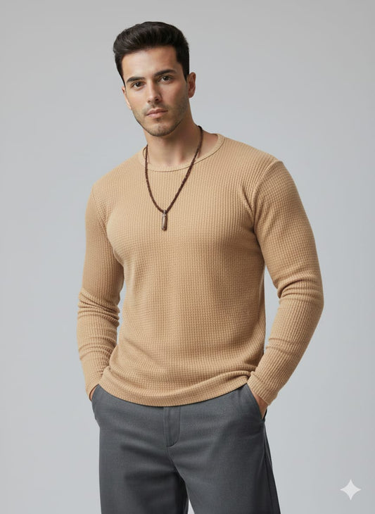 Waffle knitted Textured Full Sleeves T-Shirt - Beige