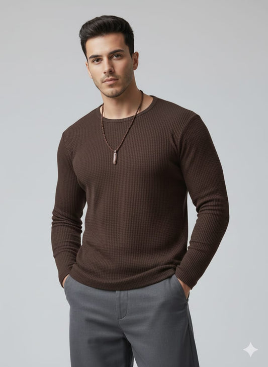 Waffle knitted Textured Full Sleeves T-Shirt - Brown