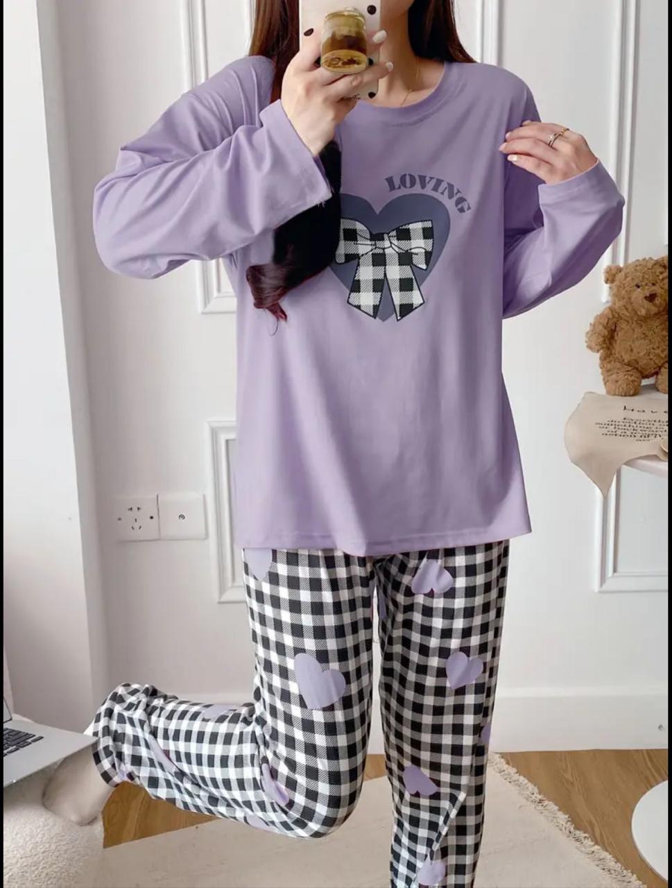 Lilac Loving Heart Printed Full Sleeves - PJ SUIT FOR WOMEN