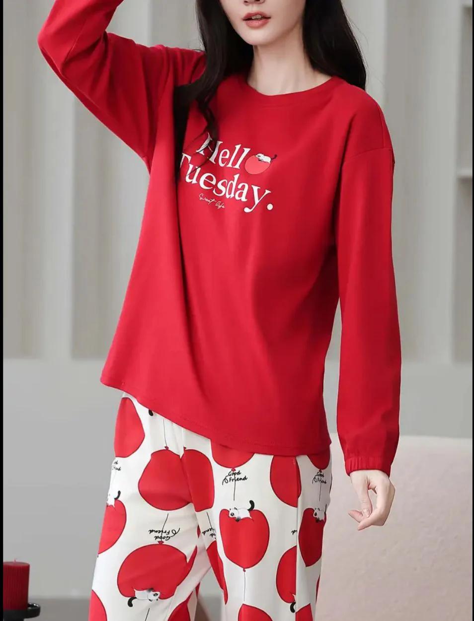 Red Hello Tuesday Print Full Sleeves - PJ SUIT FOR WOMEN