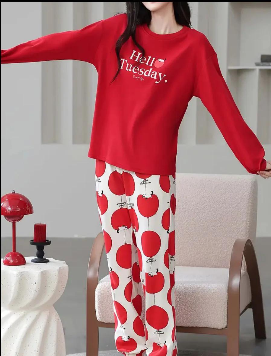 Red Hello Tuesday Print Full Sleeves - PJ SUIT FOR WOMEN