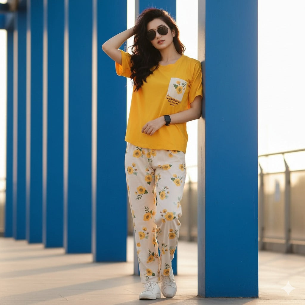 Pocket Flower PJ Suit - Mustard