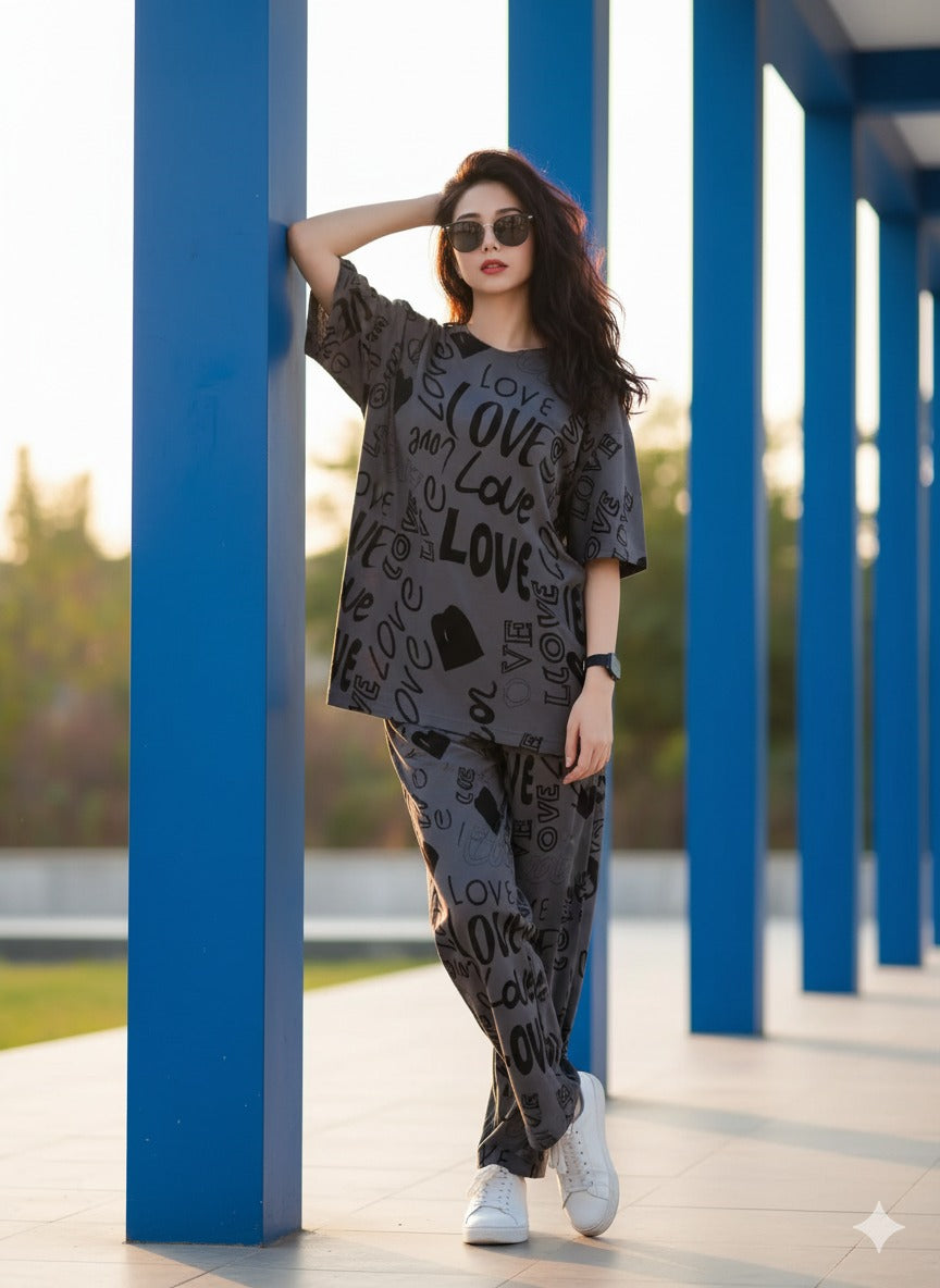 Love Drop Shoulder Charcoal Printed PJ Suit -