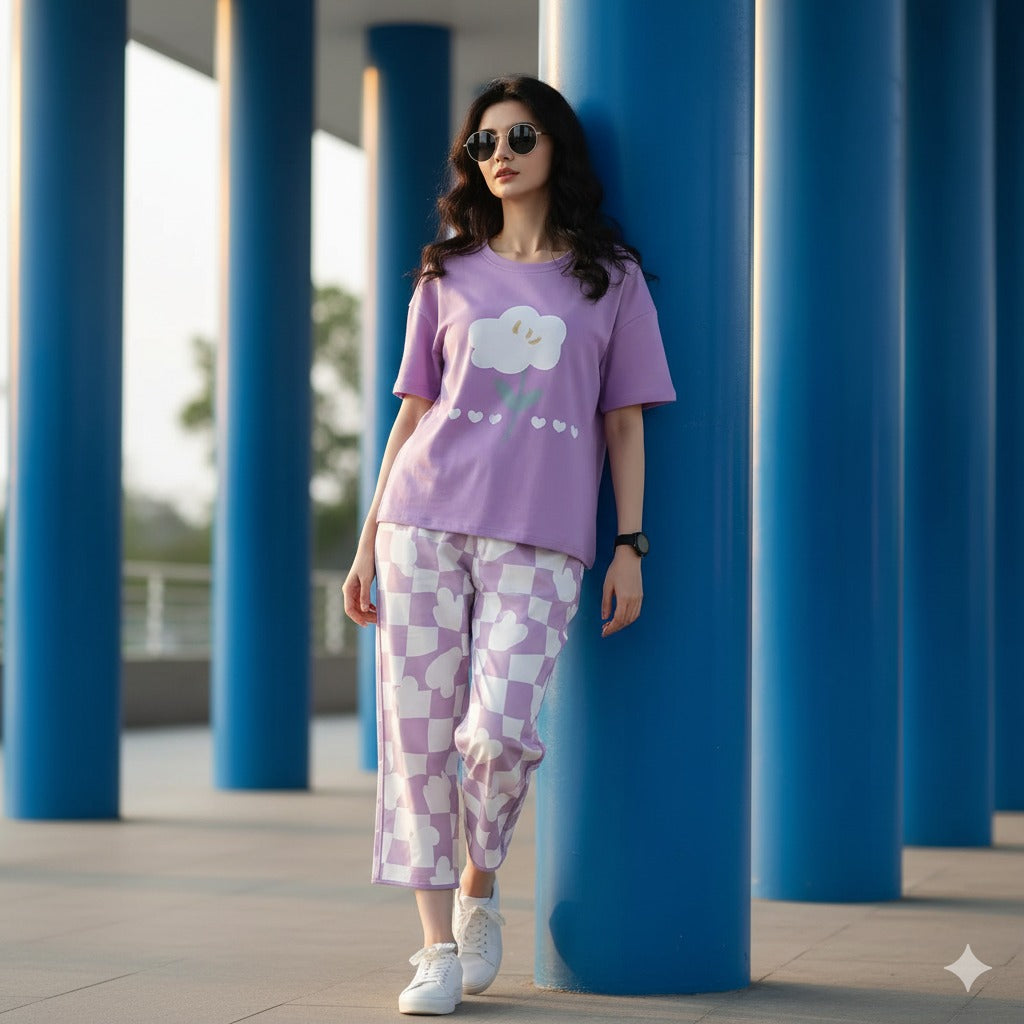 Flower Printed Pj Suit - Purple