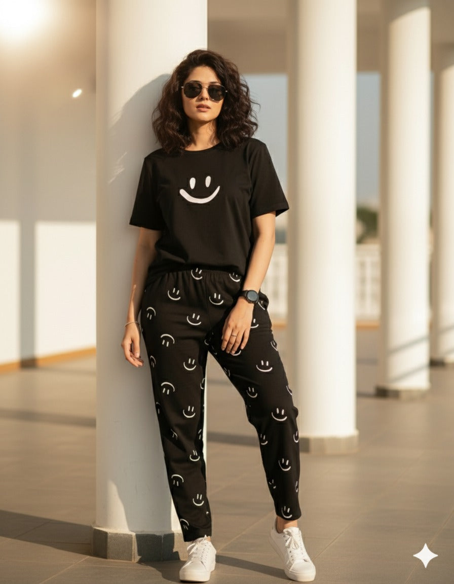 Smile Printed PJ Suit - Black