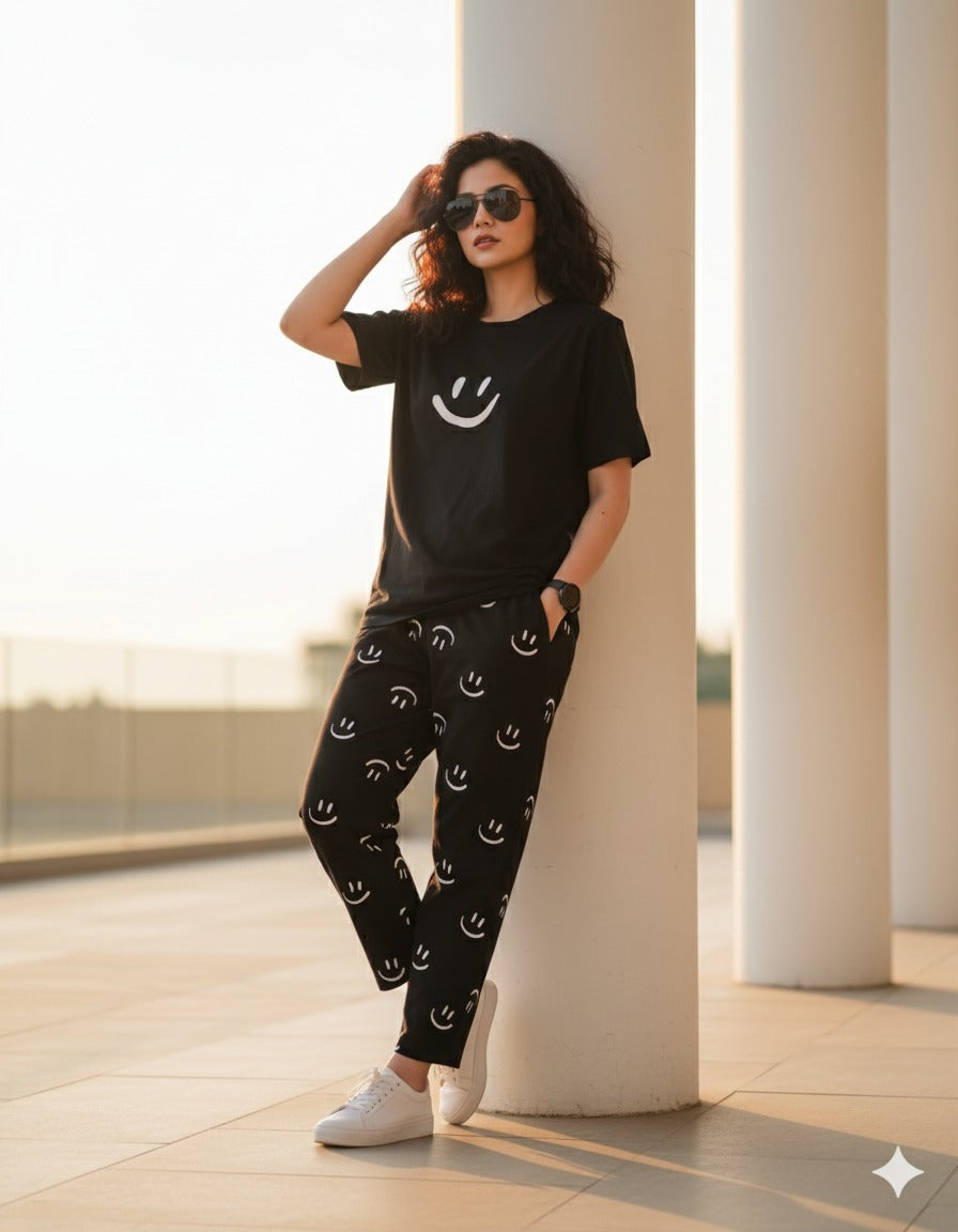 Smile Printed PJ Suit - Black