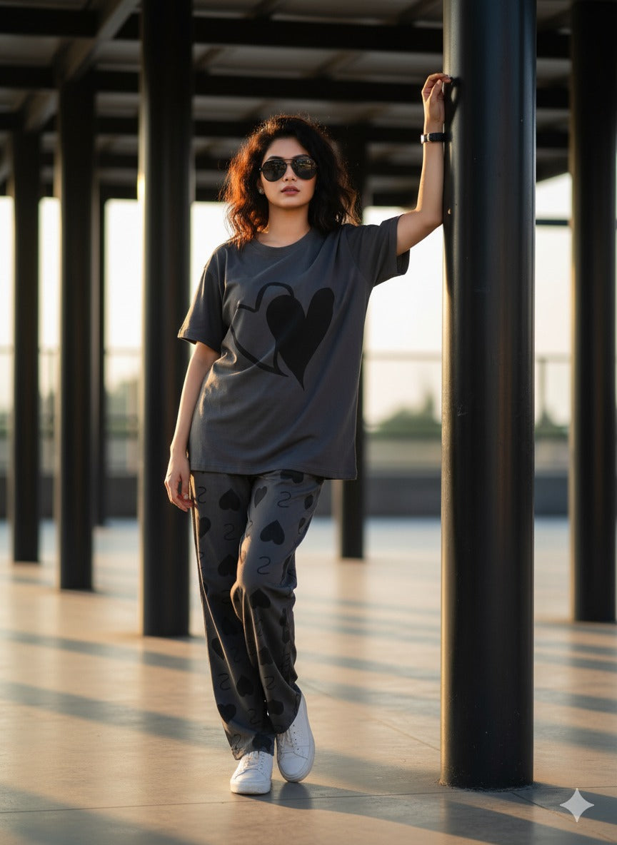 Double Heart Printed PJ Suit - Grey