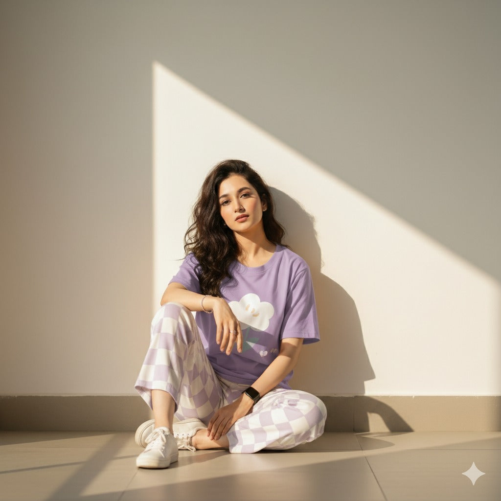 Flower Printed Pj Suit - Purple