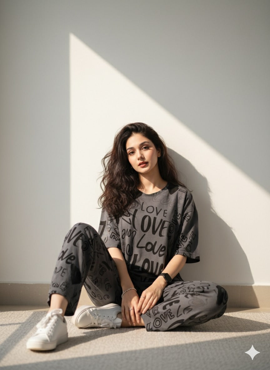 Love Drop Shoulder Charcoal Printed PJ Suit -
