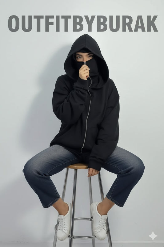 Balaclava Ninja Zipper Hoodie For Women - Black