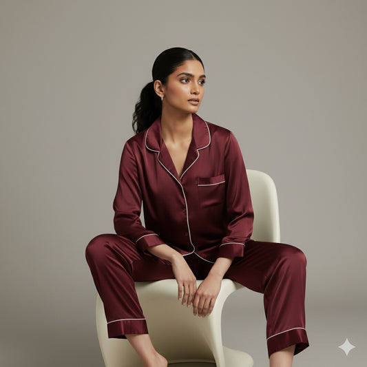 Silk Night Suit - Maroon