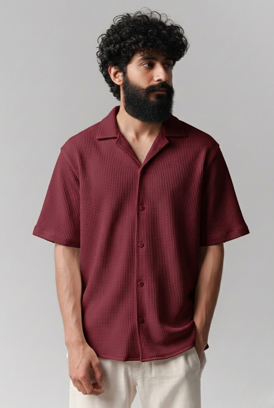Cuban Collar Knitted Shirt - Maroon