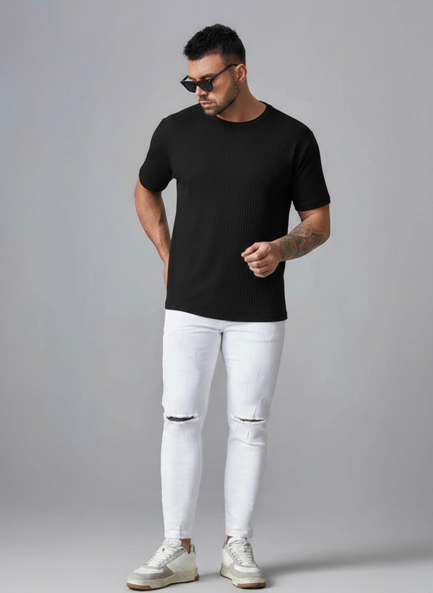 Oversized Waffle Knit Tee For Men - BLACK