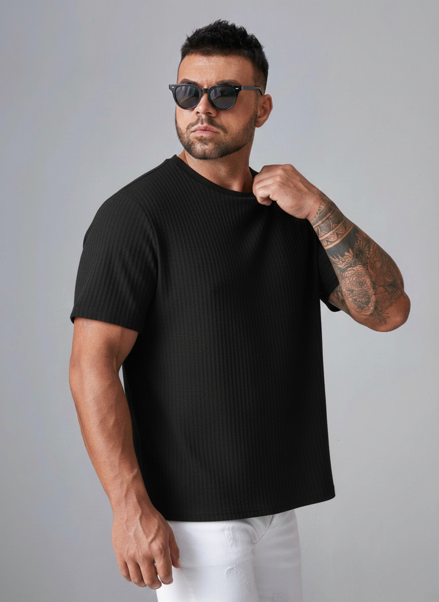 Oversized Waffle Knit Tee For Men - BLACK