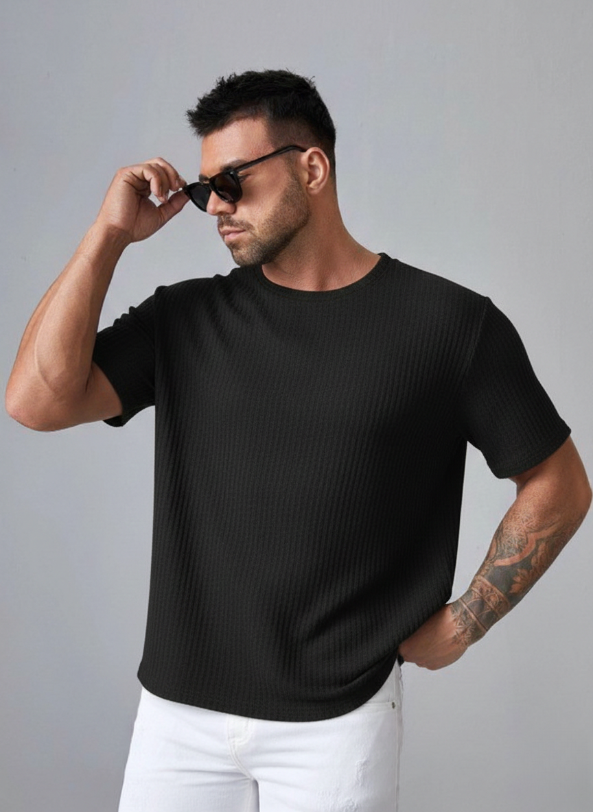 Oversized Waffle Knit Tee For Men - BLACK