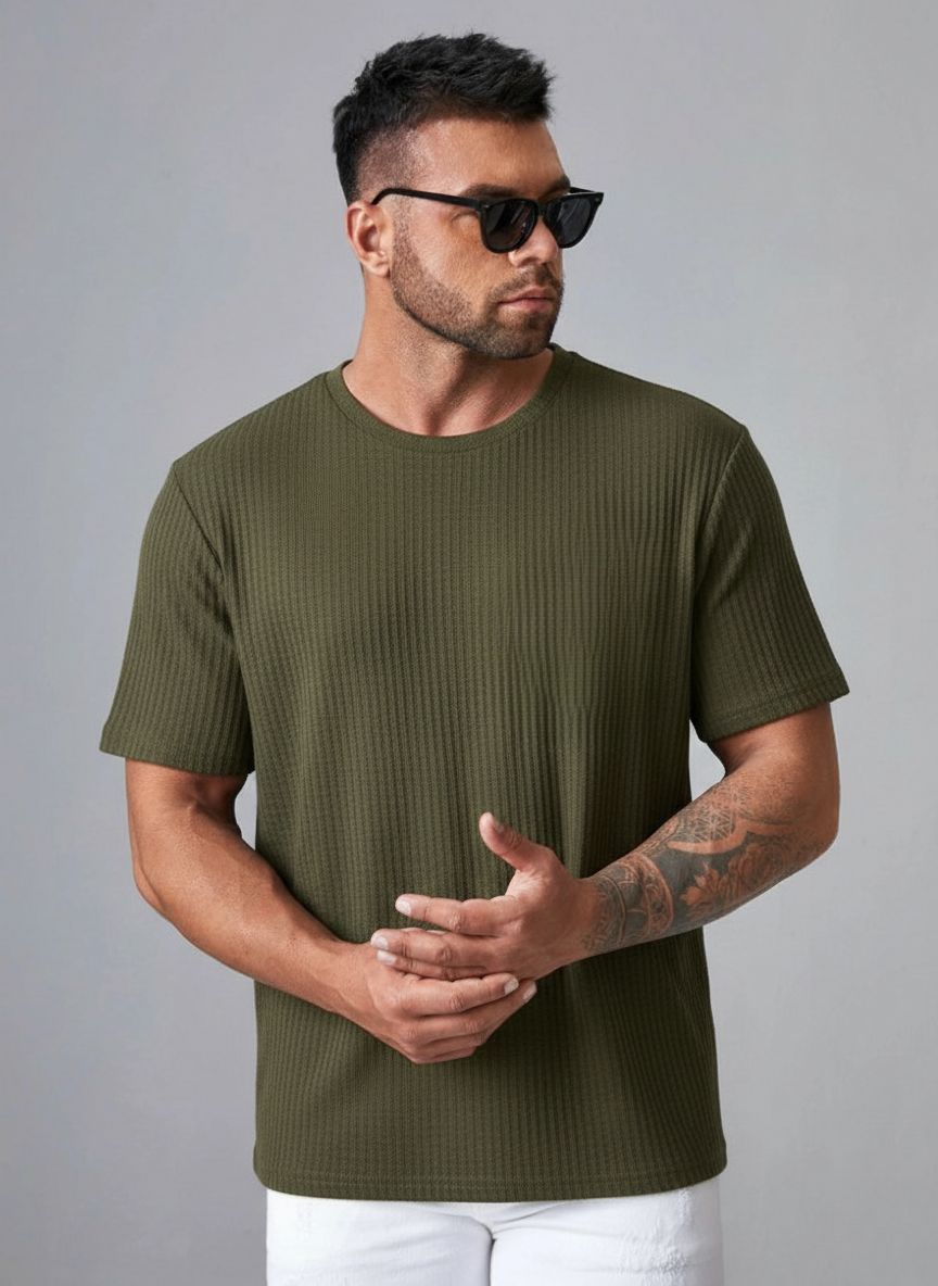 Oversized Waffle Knit Tee For Men - Olive