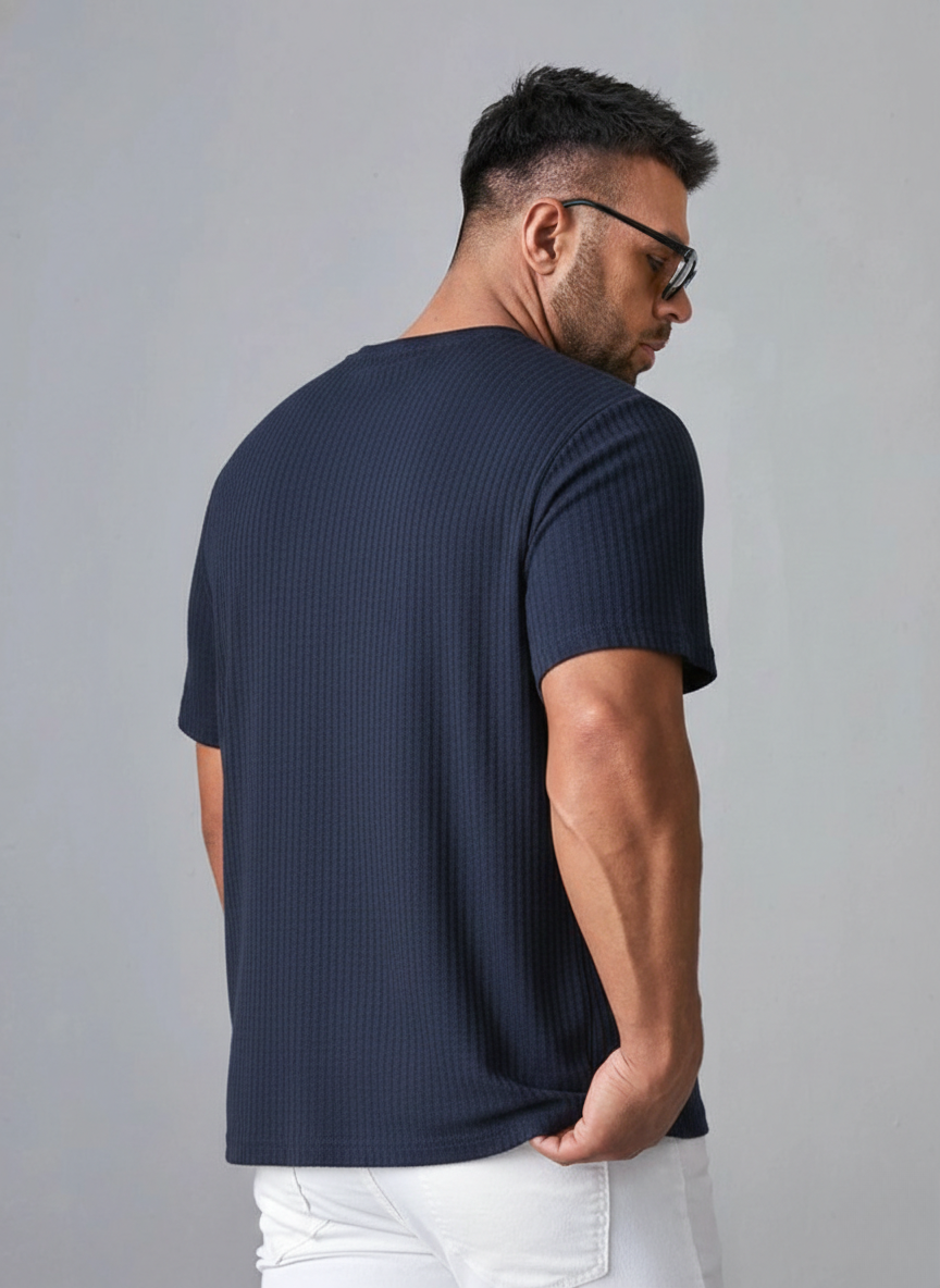 Oversized Waffle Knit Tee For Men - Navy Blue