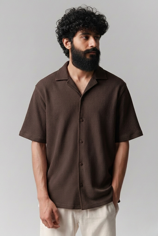 Cuban Collar Knitted Shirt - Brown