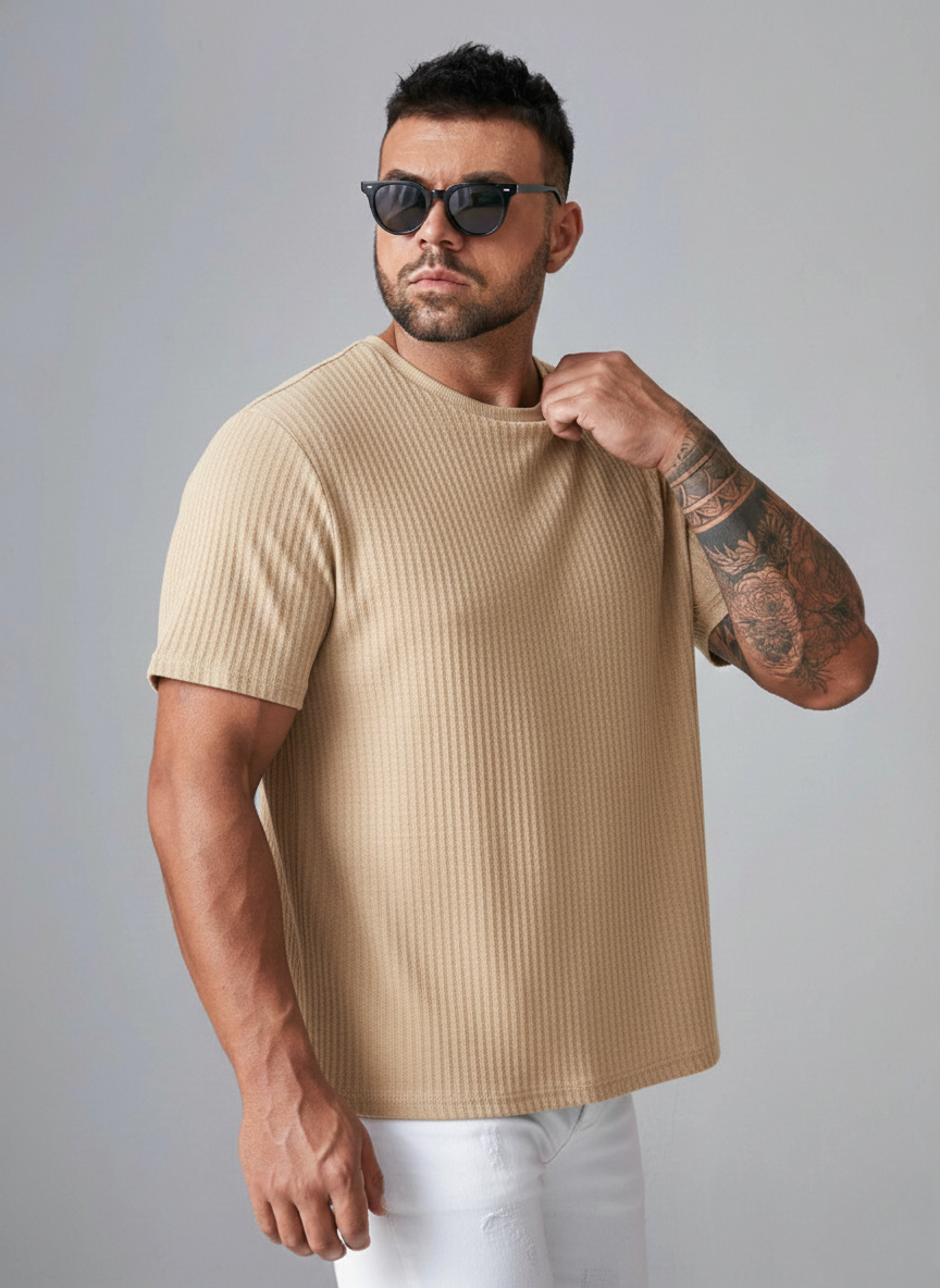 Oversized Waffle Knit Tee For Men - Beige