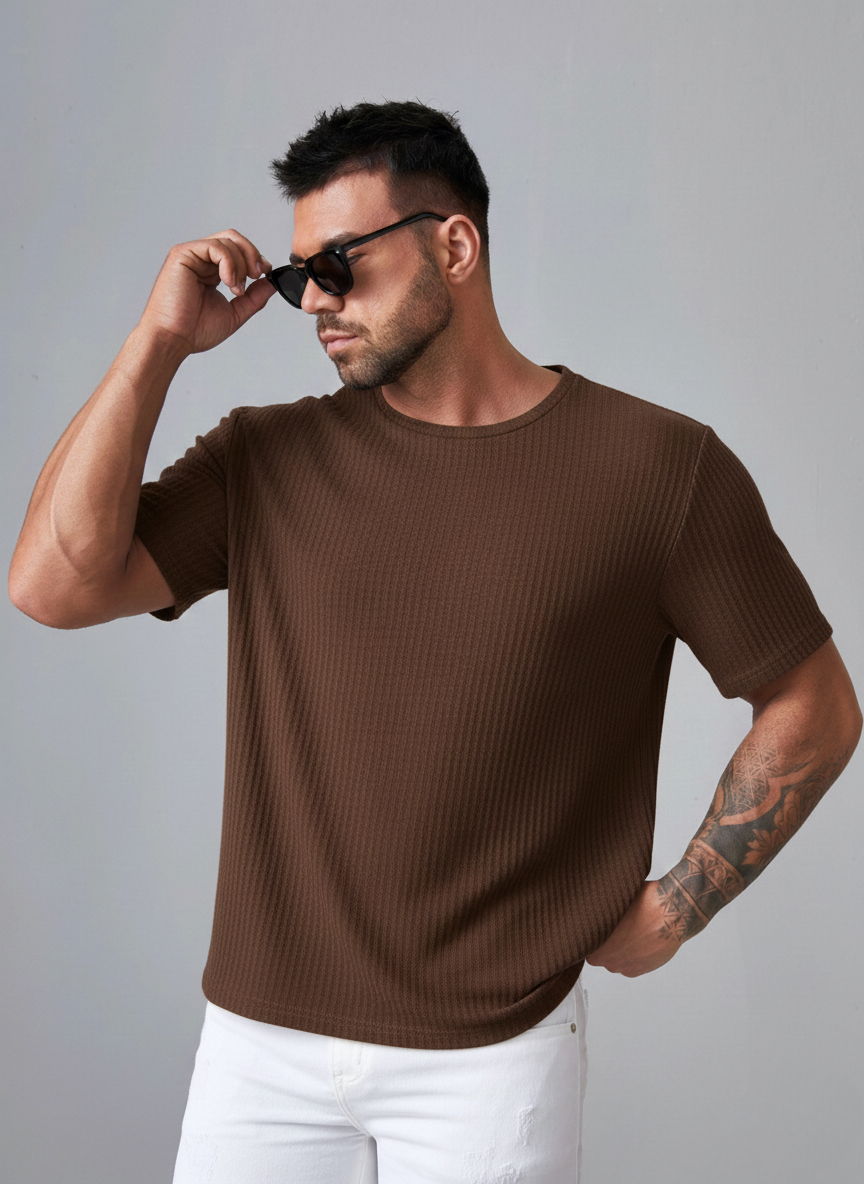Oversized Waffle Knit Tee For Men - Brown