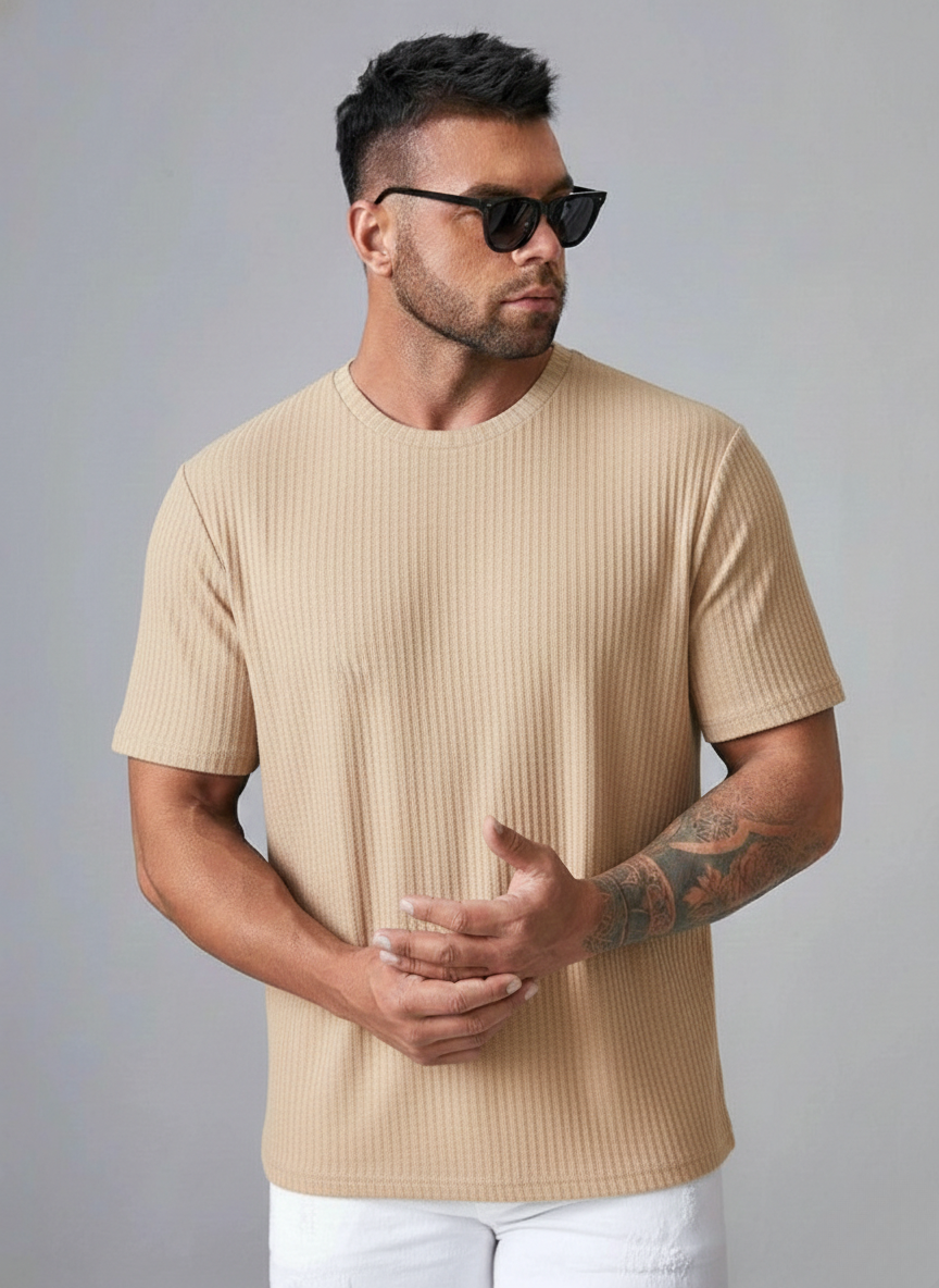 Oversized Waffle Knit Tee For Men - Beige