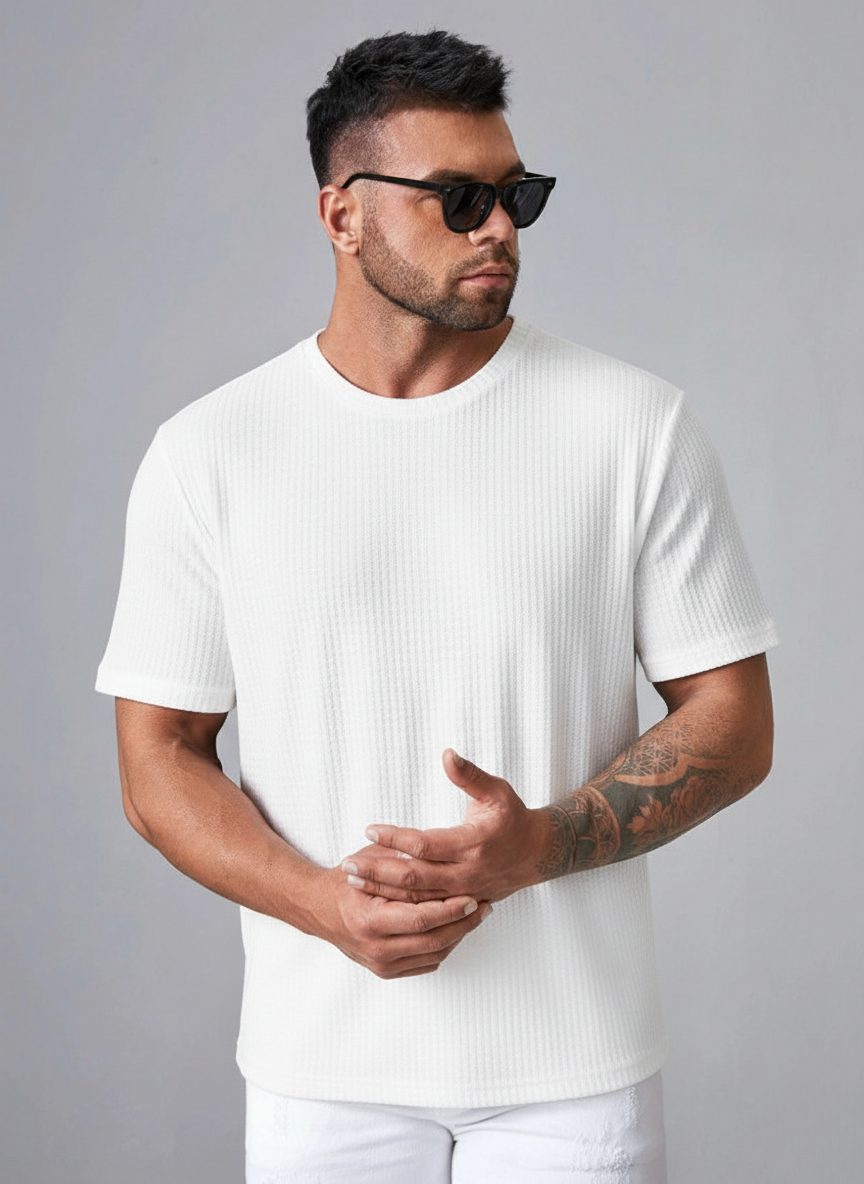 Oversized Waffle Knit Tee For Men - WHITE