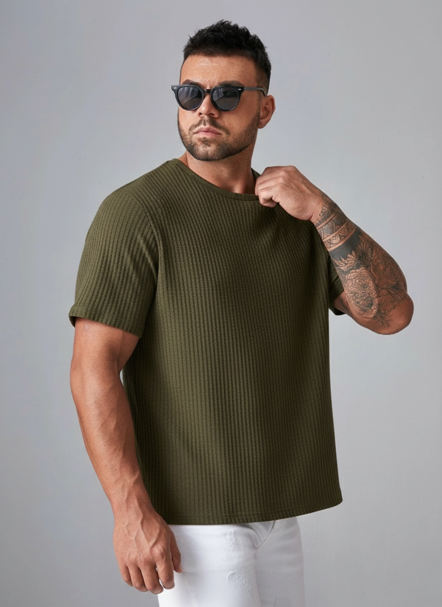 Oversized Waffle Knit Tee For Men - Olive