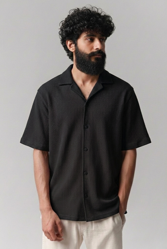 Cuban Collar Knitted Shirt - Black