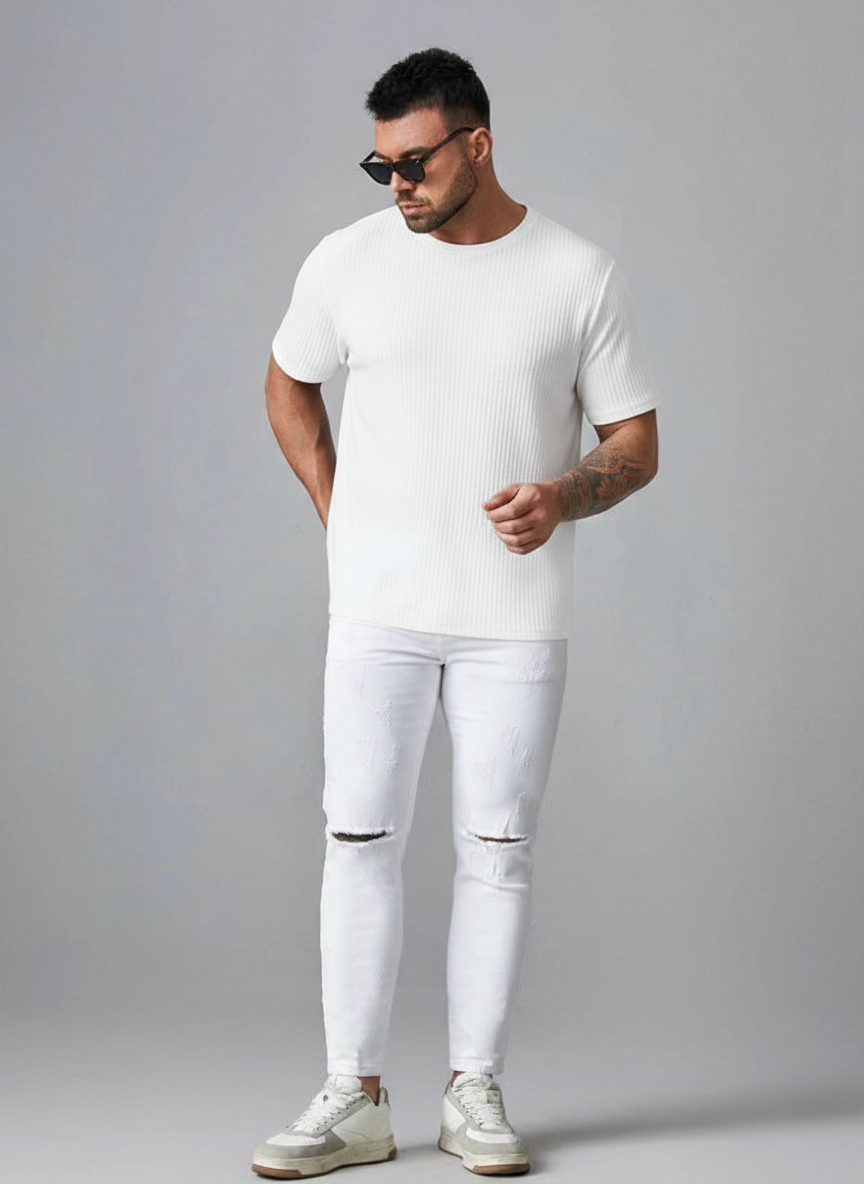 Oversized Waffle Knit Tee For Men - WHITE