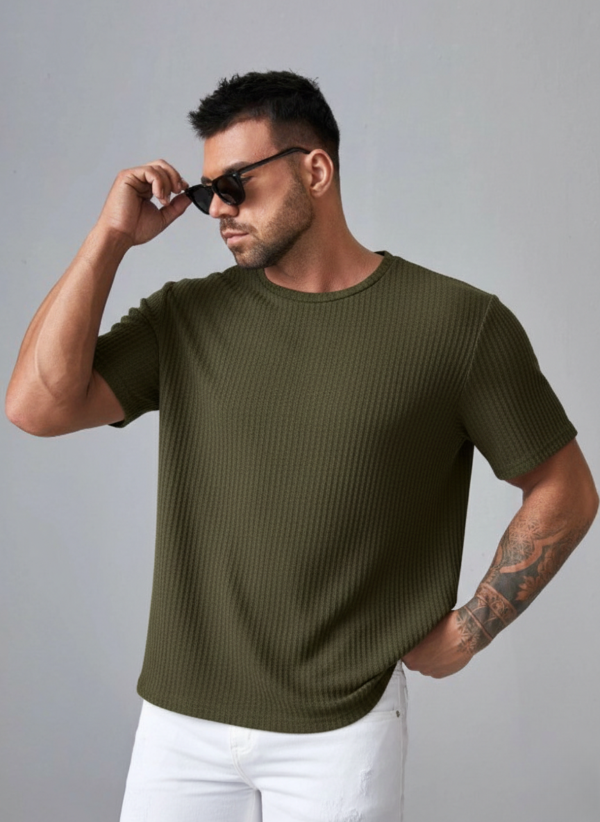 Oversized Waffle Knit Tee For Men - Olive