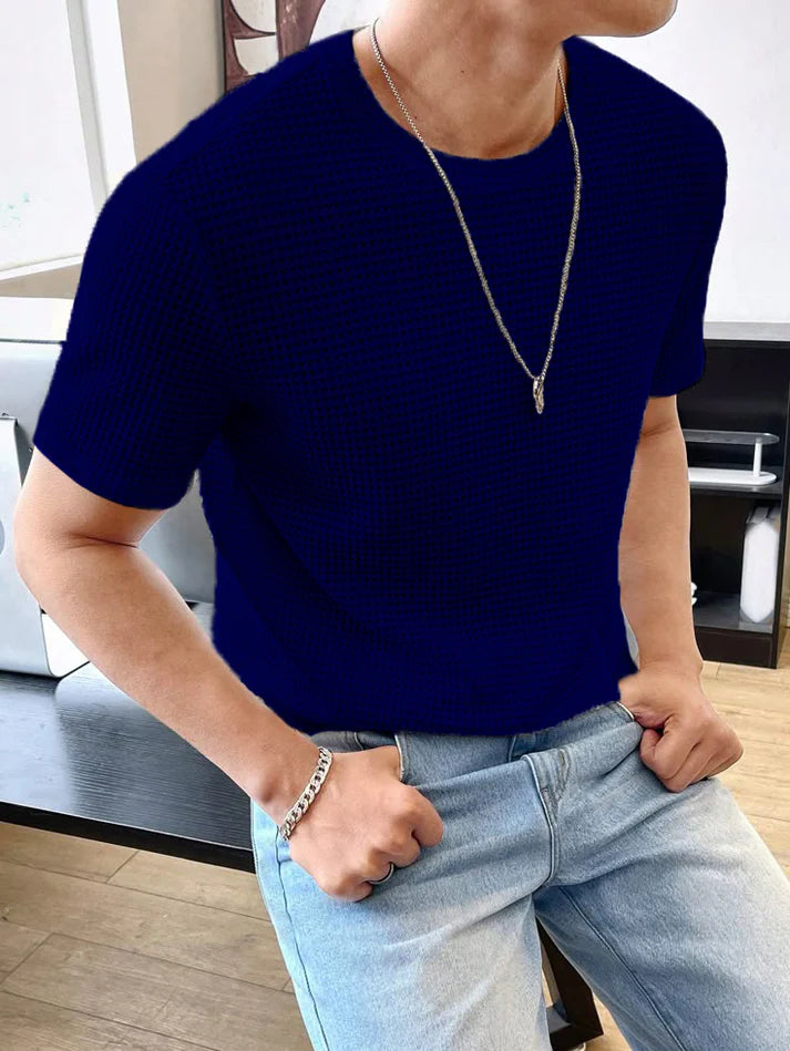 Waffle Knitted Tshirt -Navy-Blue