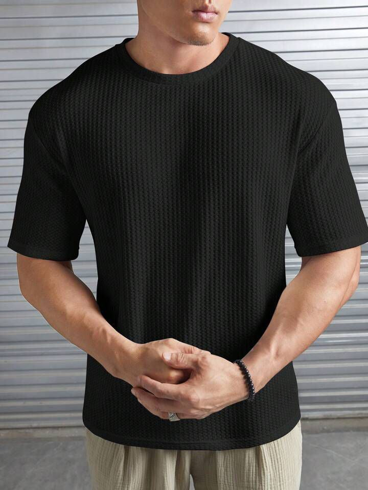 Oversized Waffle Knit Tee For Men - BLACK