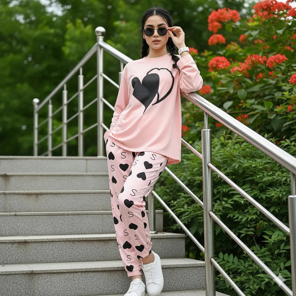 Double Heart Printed PJ Suit  Full Sleeves- pink