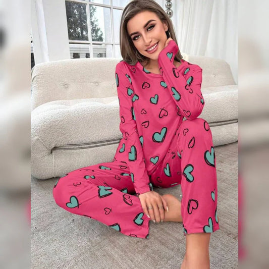 Heart Printed Full Sleeves PJ Suit - Pink