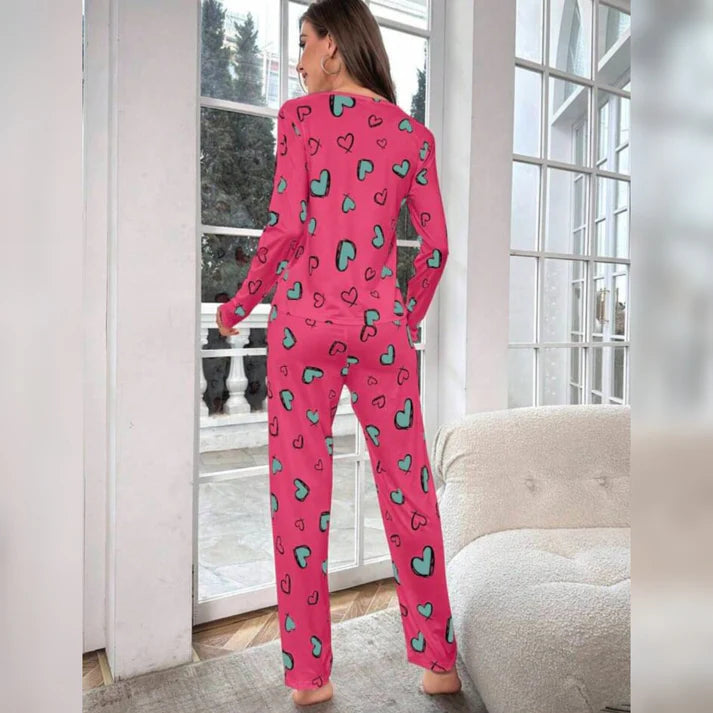 Heart Printed Full Sleeves PJ Suit - Pink