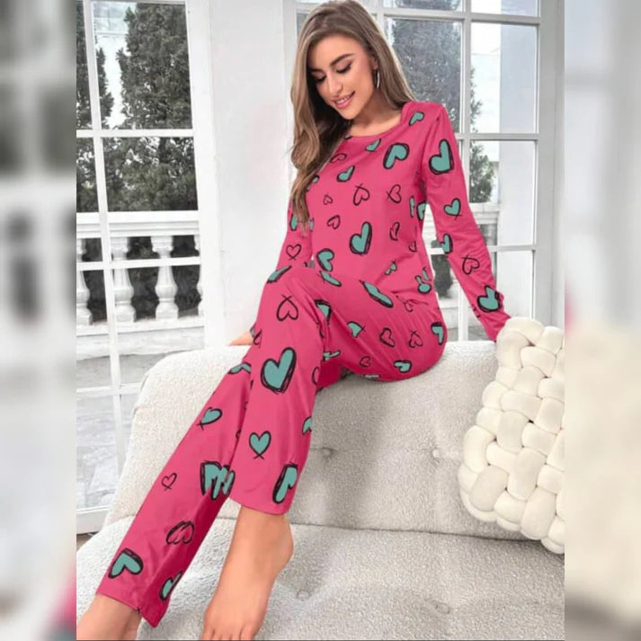 Heart Printed Full Sleeves PJ Suit - Pink